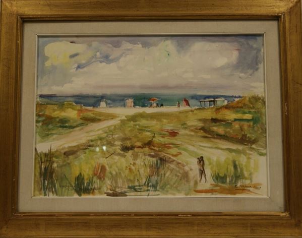 Rodolfo Marma,  VIAREGGIO, COSTA DEI BARBARI,  aquerello su carta, cm 50x70, datato 1967