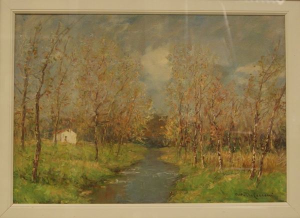 Alberto Cecconi, AUTUNNO SUL FIUME, olio su tela,  cm 35x50