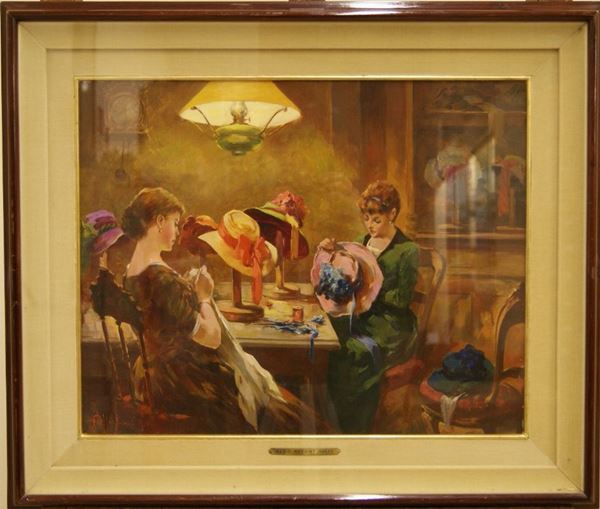 Aldo Affortunati,  CAPPELLAIE FIORENTINE,  olio su tela, entro cornice, cm 50x40
