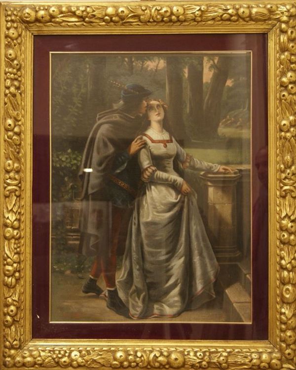 Enrico Costa,  INNAMORATI,  olio su tela, cm. 70x53 datato 1875