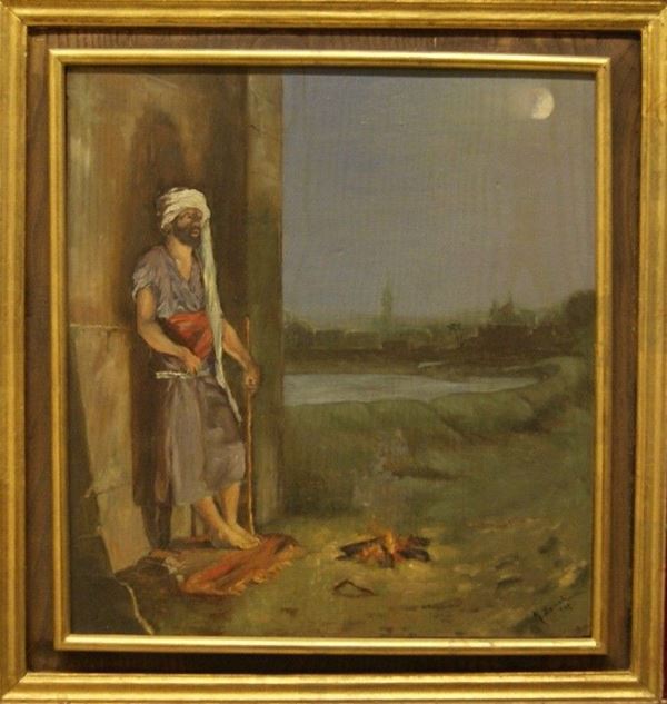 Scuola italiana, inizi Sec.XX, PAESAGGIO CON FIGURA ARABA, olio su tavola, cm 44x41,  firmato M.Donati