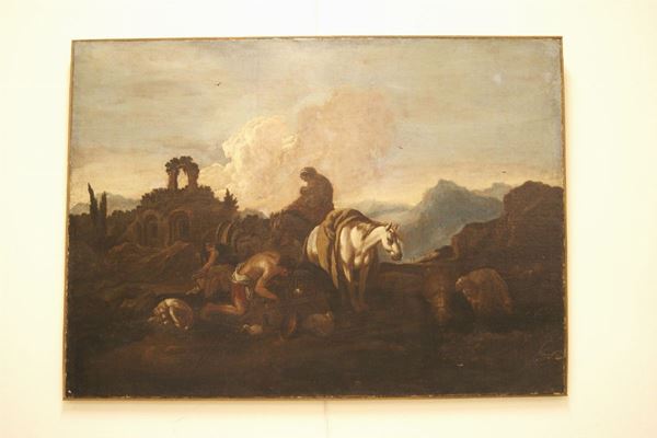 Scuola Italia centrale, sec. XVIII,  PAESAGGIO CON PERSONAGGI,  olio su tela, cm 136x98