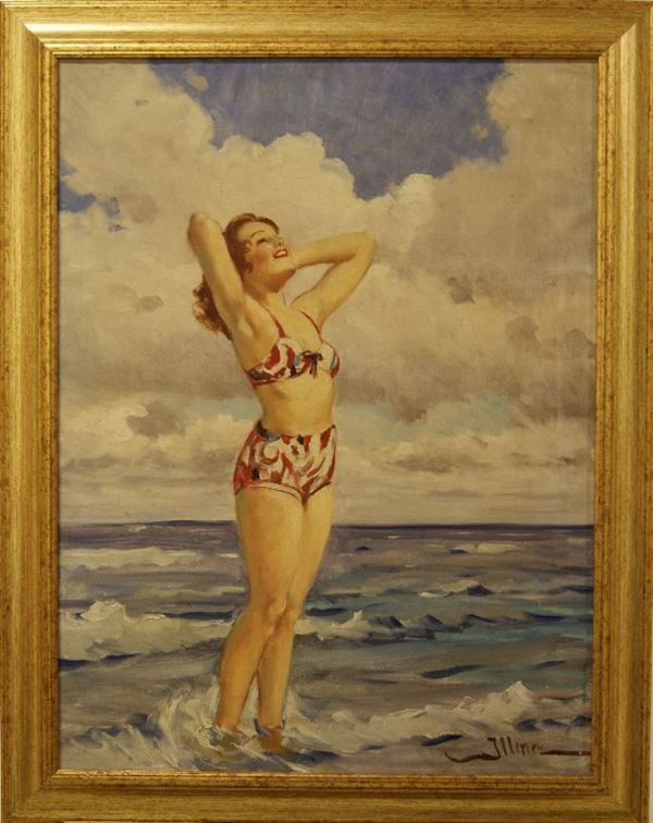 Illence Lipot (Budapest 1882- ?), FIGURA FEMMINILE AL MARE,  olio su tela, cm 78x59