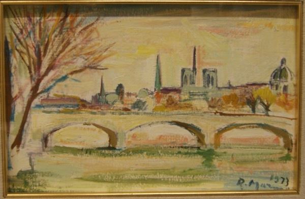 Rodolfo Marma,  NOTRE DAME,  olio su cartone telato cm 20x30,  datato 1973