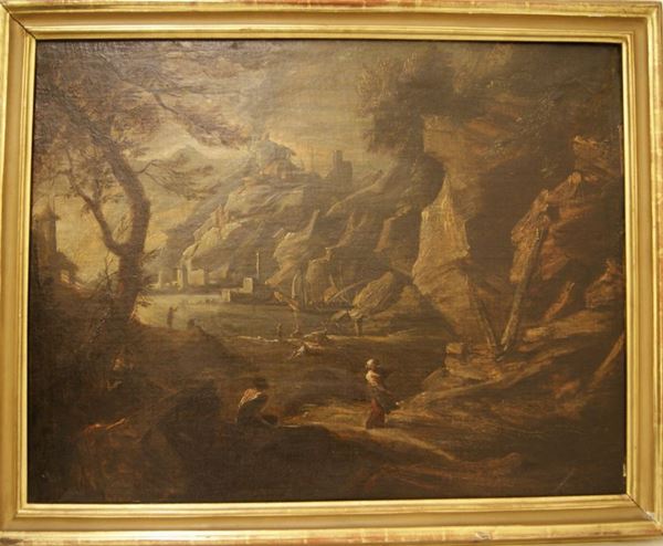 Scuola fiamminga, sec. XVIII,  PAESAGGIO CON FIGURE,  olio su tela, cm 64x80
