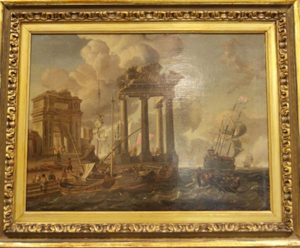 Scuola  sec. XVIII,  MARINA CON ARCHITETTURE,  olio su tela, cm 54x72