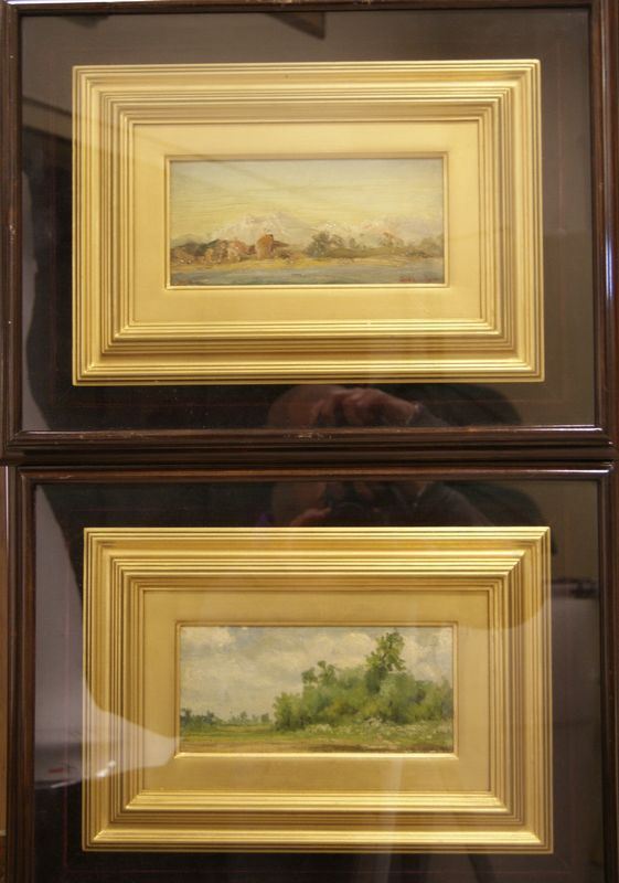 Coppia di dipinti, sec. XIX,  PAESAGGIO,  olio su tavoletta, cm 10x22