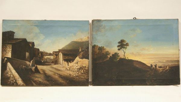 Coppia di dipinti, sec. XIX,  PAESAGGI CON FIGURE, olio su tela, cm 30x39,5