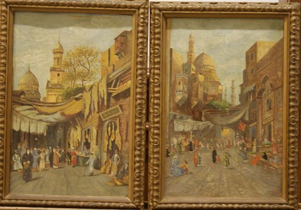 Coppia di dipinti, inizi sec. XX,  SCENE ARABE,  olio su cartoncino, cm 30x20