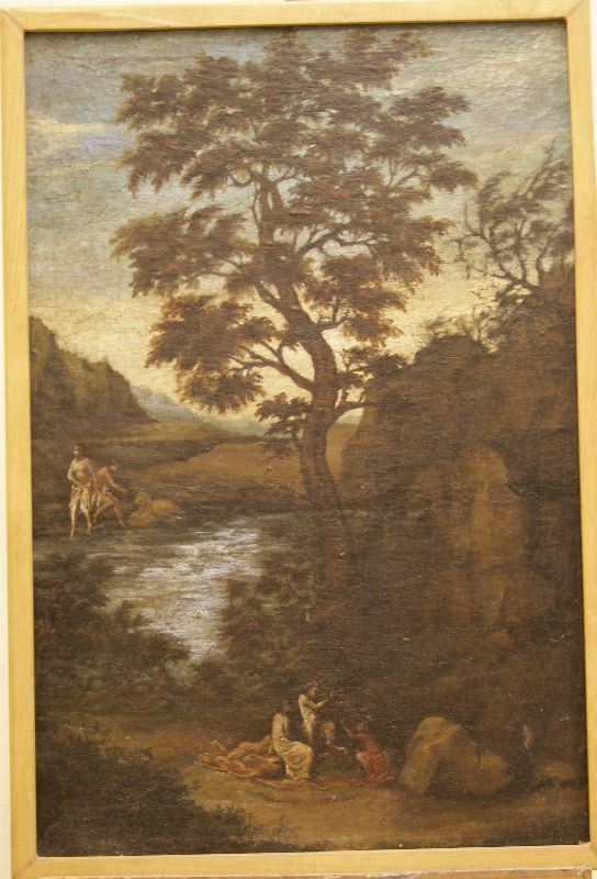 Scuola Italina sec. XVIII, Paesaggio con fiume e figure, olio su tela cm. 93x62