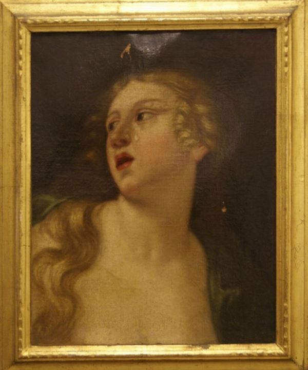 Scuola Italiana sec. XVIII   PIANTO DI DIDONE  olio su tela, cm 47x37 cadute di colore
