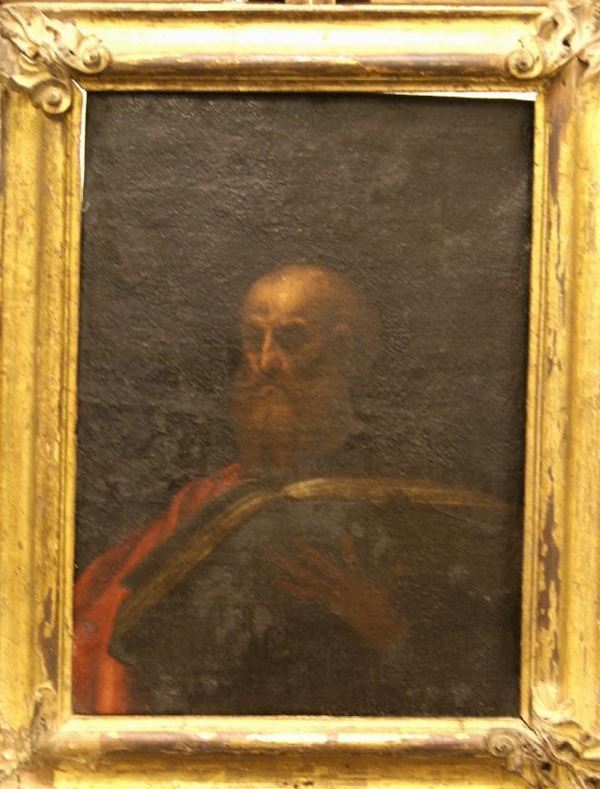 Scuola Italiana, sec. XVIII  SANTO CON LIBRO  olio su tela, cm 52,5x39 danni