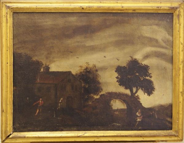 Scuola Italiana sec. XVIII   PAESAGGIO CON PONTE  olio su tela, cm 57x78