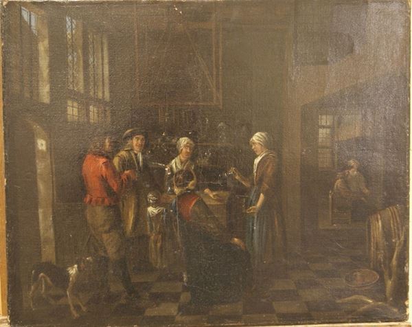 Scuola Fiamminga, sec. XVIII, MERCANTI NELLA LOCANDA  olio su tela, cm 45x56  firmato