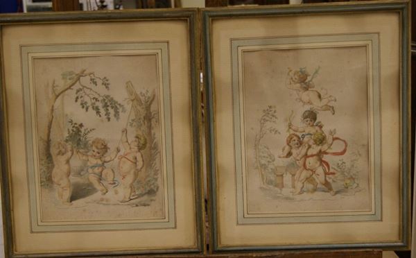 Coppia di stampe a colori, sec. XX PUTTI  cm 30x22