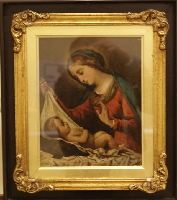Scuola, sec. XVIII  MADONNA CON BAMBINO olio su tavola, cm 27x21