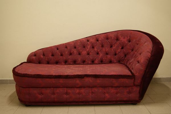 Dormeuse imbottita e ricoperta in velluto e stoffa damascata, difetti, cm 190x95x83