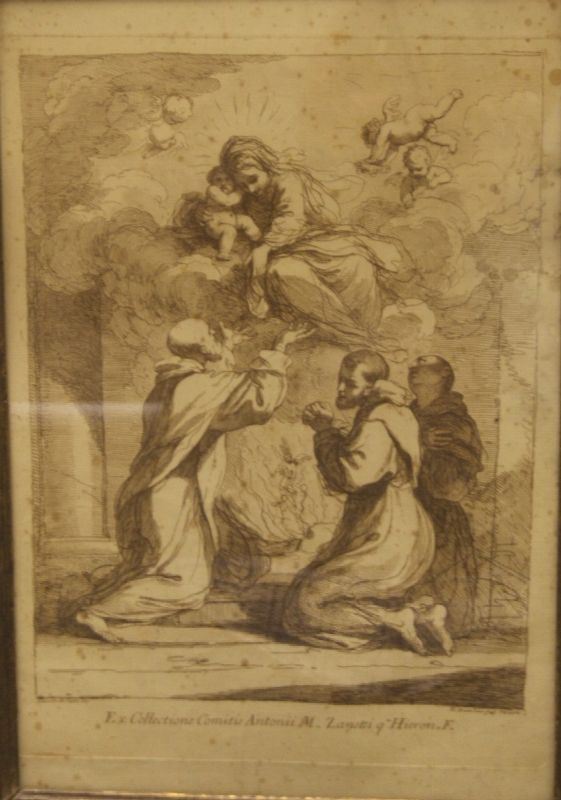 Da Guercino, sec. XVIII  VERGINE CON BAMBINI E SANTI incisione su carta, cm 34x25  difetti