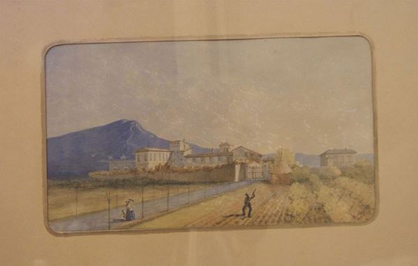 Scuola italiana sec.XIX PAESAGGIO CON FIGURE acquerello, cm.25x43  firmato Rostagno, datato 1871