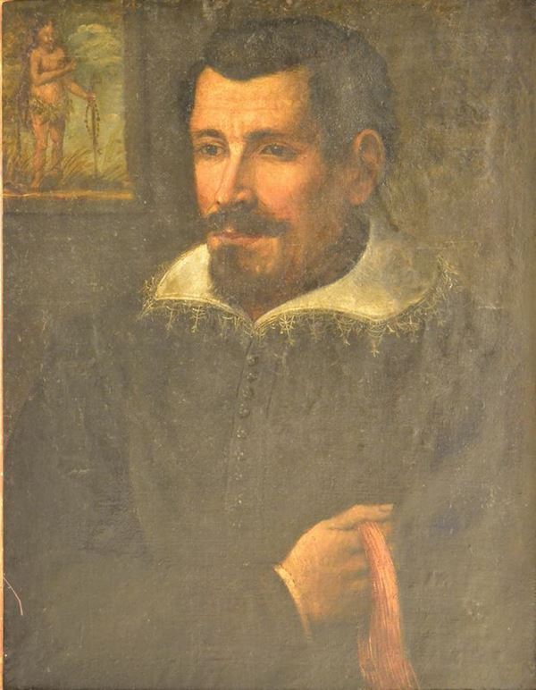 Scuola toscana, sec. XVII RITRATTO DI GENTILUOMO CON SULLO SFONDO SANT'ONOFRIO  olio su tela, cm 67x52