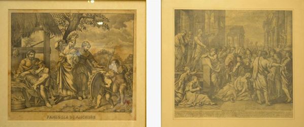 Due incisioni, sec. XIX A)LA MORTE DI VIRGINIA cm 38x43 B)LA FAMIGLIA DI ENEA E ANCHISE cm  39x45 presentano danni