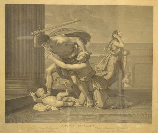 Incisione, sec. XIX LA STRAGE DEGLI INNOCENTI  cm 52x61  danni