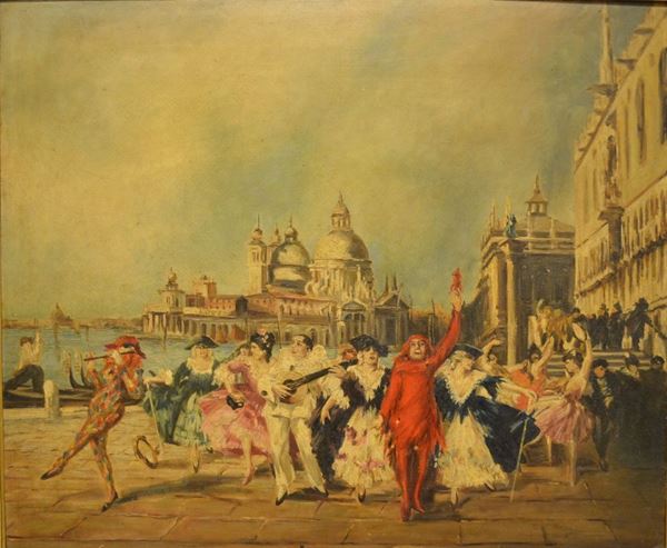 Scuola Italiana, sec. XX CARNEVALE A VENEZIA  olio su cartone, cm 54x65