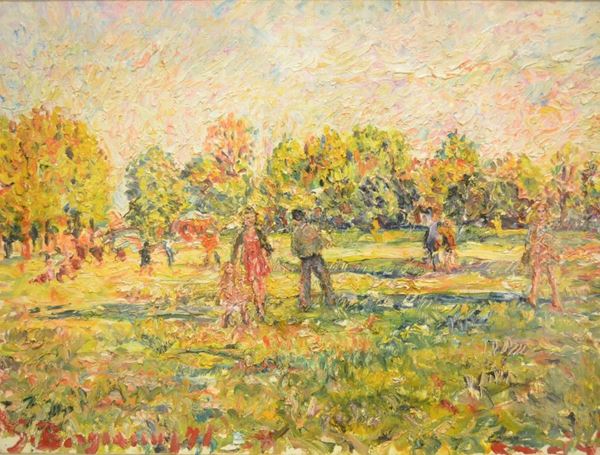 Guido Borgianni, ( New York 1915- Firenze 2011) PAESAGGIO CON FIGURE  olio su tela, cm 60x80