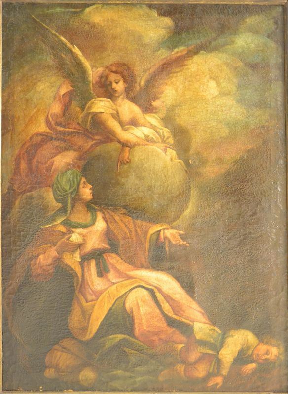 Scuola Italia centrale, sec. XVII AGAR E ISMAELE SOCCORSI DALL'ANGELO olio su tela, cm 115x85,5 danni