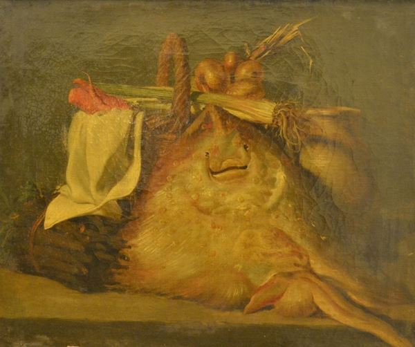 Scuola Francese, sec. XVIII NATURA MORTA CON RAZZA E VERDURA olio su tela, cm 72x59