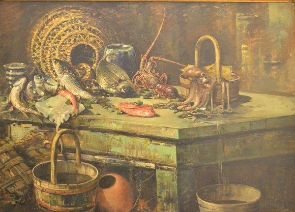 Felice Giordano ( Napoli 1880- Capri 1964) NATURA MORTA CON PESCI olio su tela, cm 90 x130