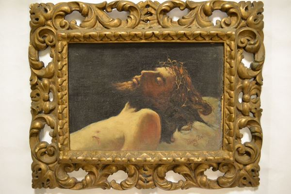 Scuola Italiana, sec. XIX ECCE HOMO olio su tela riportata su cartone a firma Fanny Zoli, cm 27x38