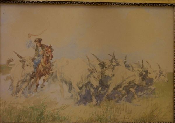 Zorad Erno (Budapest 1911-?)  MANDRIANO E BUOI acquerello, cm 62x45