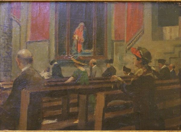 Antonio Aspettati (Firenze 1880- 1949)  ASPETTANDO LA MESSA olio su cartone, cm 24,5x35