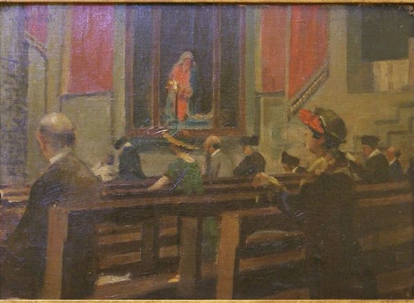 Antonio Aspettati (Firenze 1880- 1949)  ASPETTANDO LA MESSA olio su cartone, cm 24,5x35