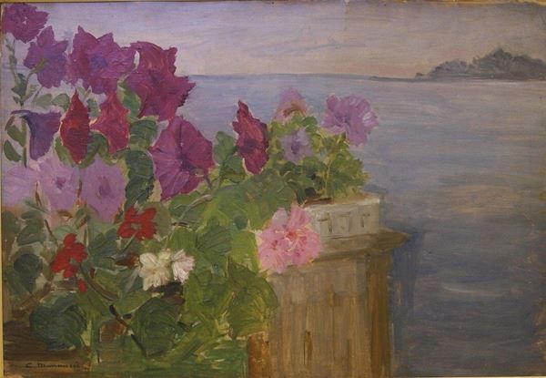 Cipriano Mannucci SUL BALCONE A RAPALLO olio su cartone cm 36x52