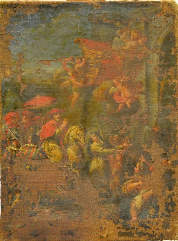 Scuola Italiana, sec. XVIII PROCESSIONE olio su tela, cm 24,5x 18,5 cadute di colore