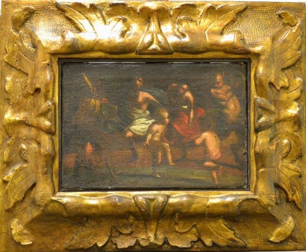 Scuola Italiana, sec. XVIII PERSONAGGI DANZANTI olio su tela, cm 21,5x31,5 restauri e danni