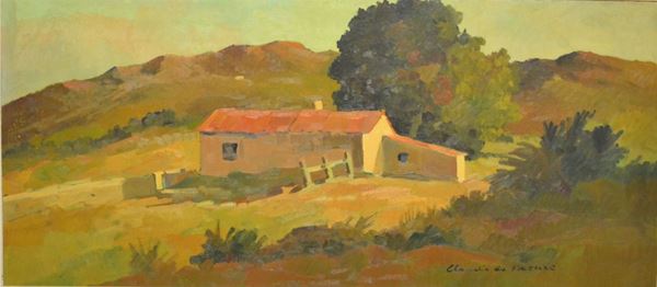 Claudio da Firenze (Firenze 1943) PAESAGGIO CON CASOLARE olio su masonite, cm 40x90