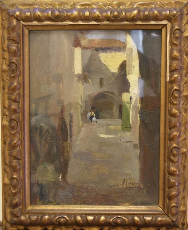 Angelo Landi  SCORCIO DI PAESE   olio su tavola, cm. 33x24  - Asta Decorazione di Interni: Mobili, Oggetti d'Arte, Argenti, Dipinti Antichi e dei secc. XIX e XX - Poggio Bracciolini Casa d'Aste