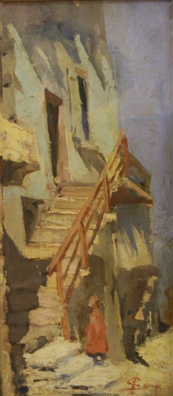 Angelo Landi   SCALINATA DI CASA CON FIGURA   olio su tavola, cm 53x24  - Asta Decorazione di Interni: Mobili, Oggetti d'Arte, Argenti, Dipinti Antichi e dei secc. XIX e XX - Poggio Bracciolini Casa d'Aste