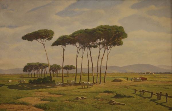 Scuola Italiana, sec. XX PAESAGGIO CON CONTADINI olio su tela, cm 65x100 reca firma di R. Sgrilli