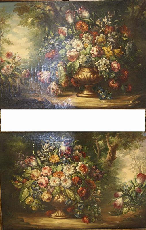 Coppia di dipinti, sec. XX NATURE MORTE CON FIORI olio su tela,cm 69x100