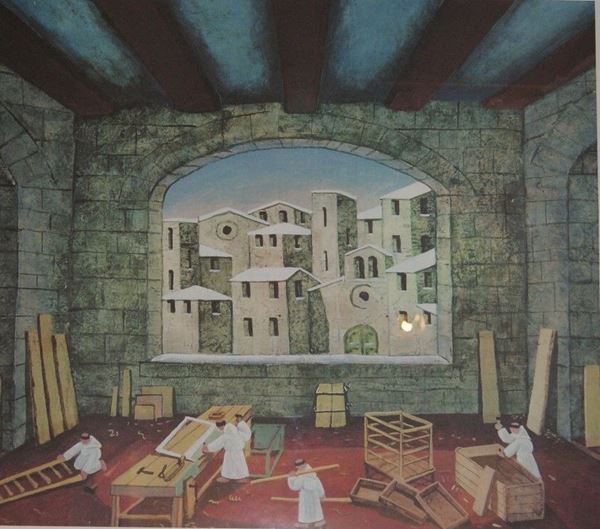 Norberto Proietti ( Spello 1927-2009 )  FALEGNAMERIA  serigrafia su carta, cm 61x86
