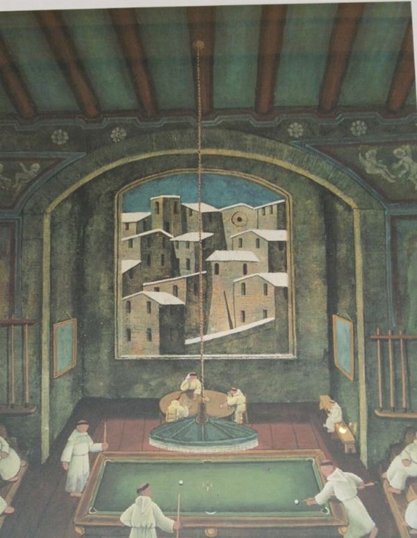 Norberto Proietti ( Spello 1927-2009 ) IL BILIARDO serigrafia su carta, cm 61x86