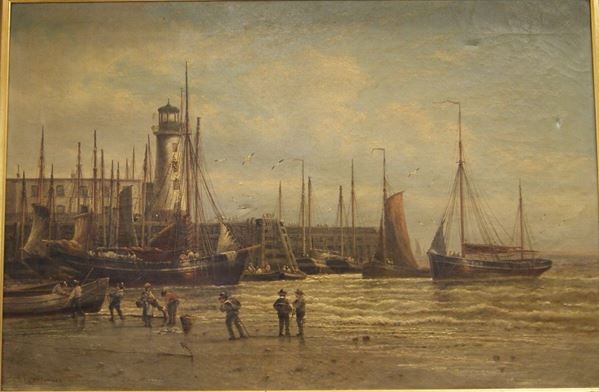 Louis Timmermans (Bruxelles 1846-Parigi 1910) PORTO CON PESCATORI olio su tela, cm 50,5x77