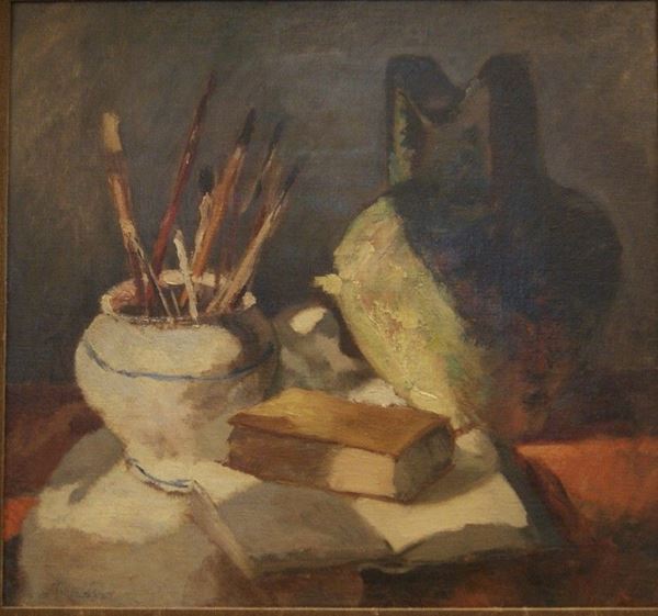 Scuola Sec. XIX NATURA MORTA olio su tela cm 54x58 firmato