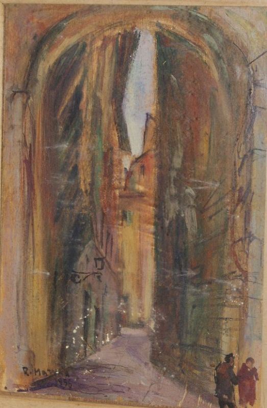 Rodolfo Marma ( Firenze 1923-1998) VICOLO CON FIGURE olio su tavoletta, cm 24.5x17.5