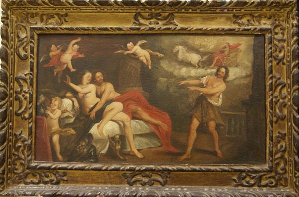 Scuola Fiamminga, sec. XVII MARTE, VENERE E VULCANO olio su tela, cm 40x69