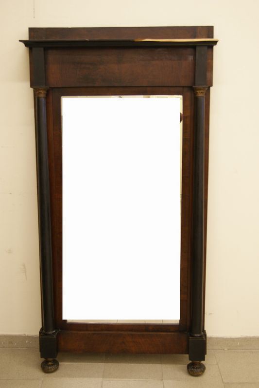 Specchiera, Impero sec. XIX, in noce con colonne ebanizzate,  cm 91x14x172, difetti e mancanze